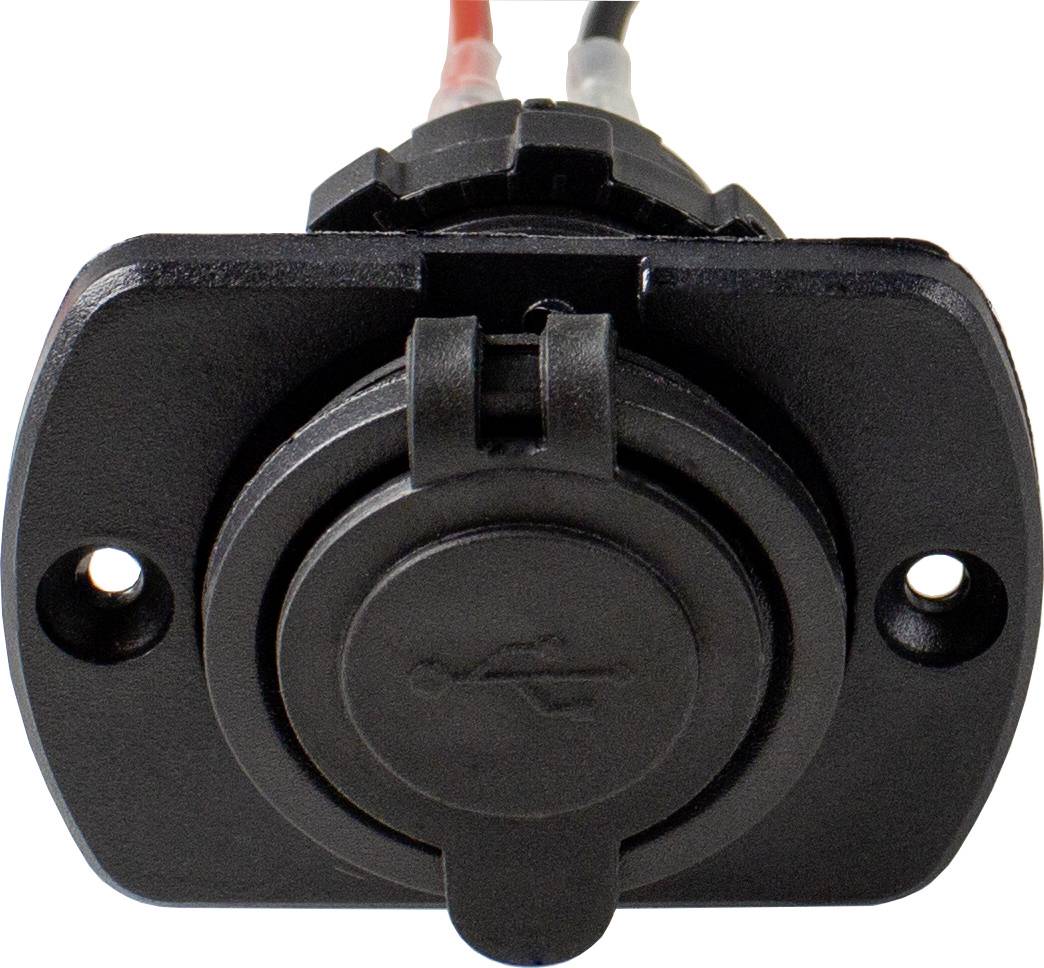 Czarna wtyczka z dwoma kablami, czerwonym i czarnym, do zasilania, widok z przodu.