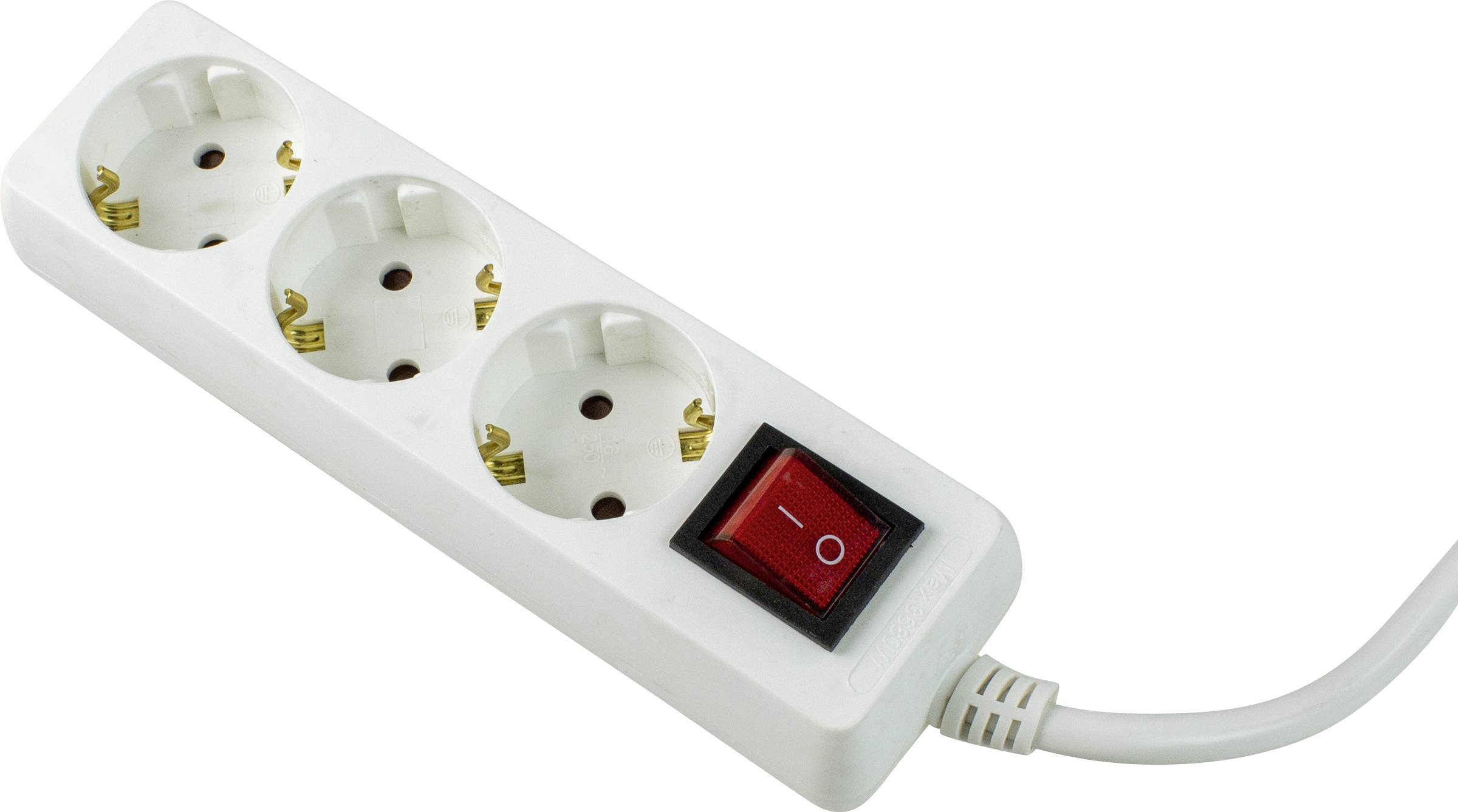 Potrójne gniazdo elektryczne z czerwonym włącznikiem/wyłącznikiem, podłączone do przewodu. Idealne do jednoczesnego użycia kilku urządzeń.