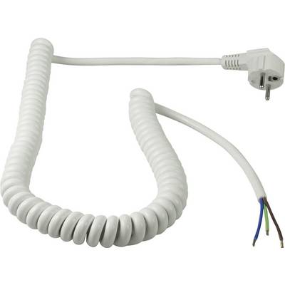Białowy kabel spiralny z wtyczką europejską po jednej stronie i wolnymi końcówkami po drugiej stronie. Odpowiedni do instalacji elektrycznych.
