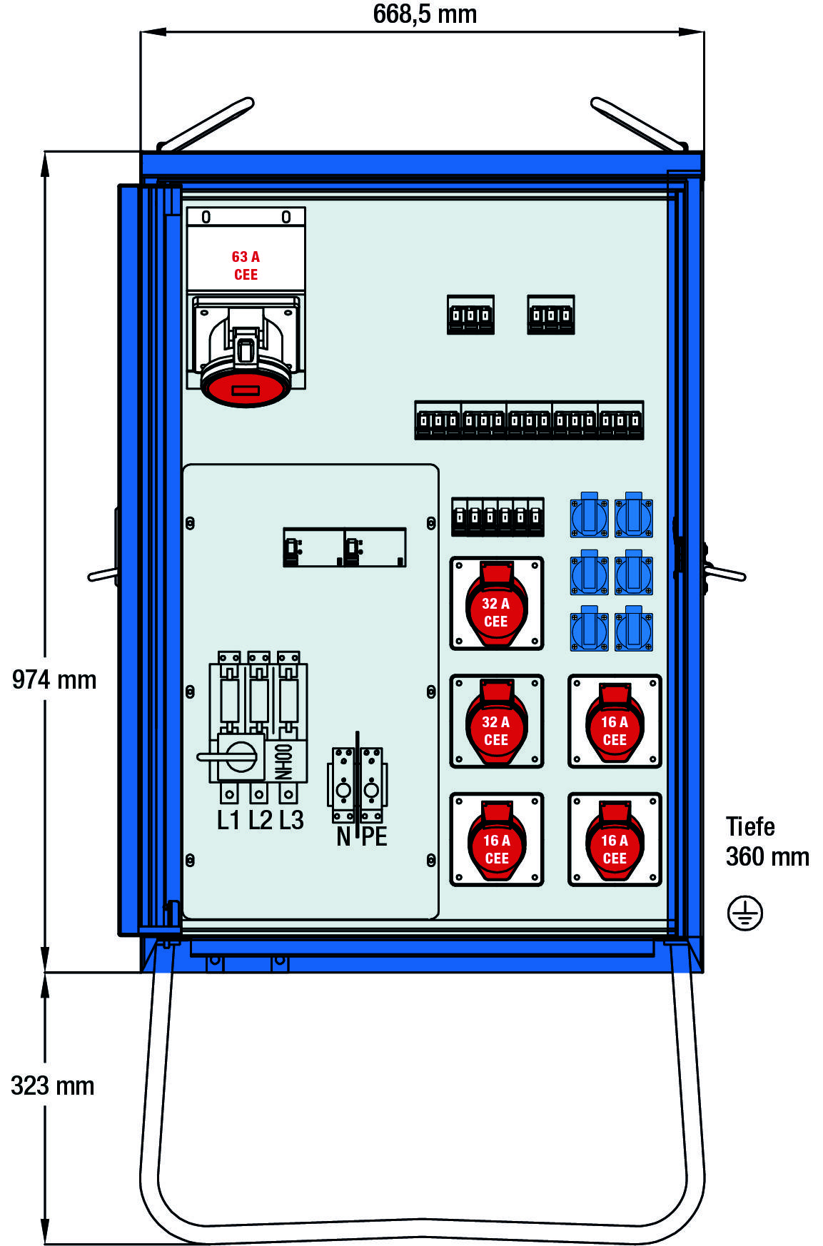 Rysunek techniczny: Mobilna rozdzielnica elektryczna z gniazdami i przełącznikami. Wymiary: 668,5 mm x 974 mm x 360 mm. Główne przyłącze: 63 A CEE.