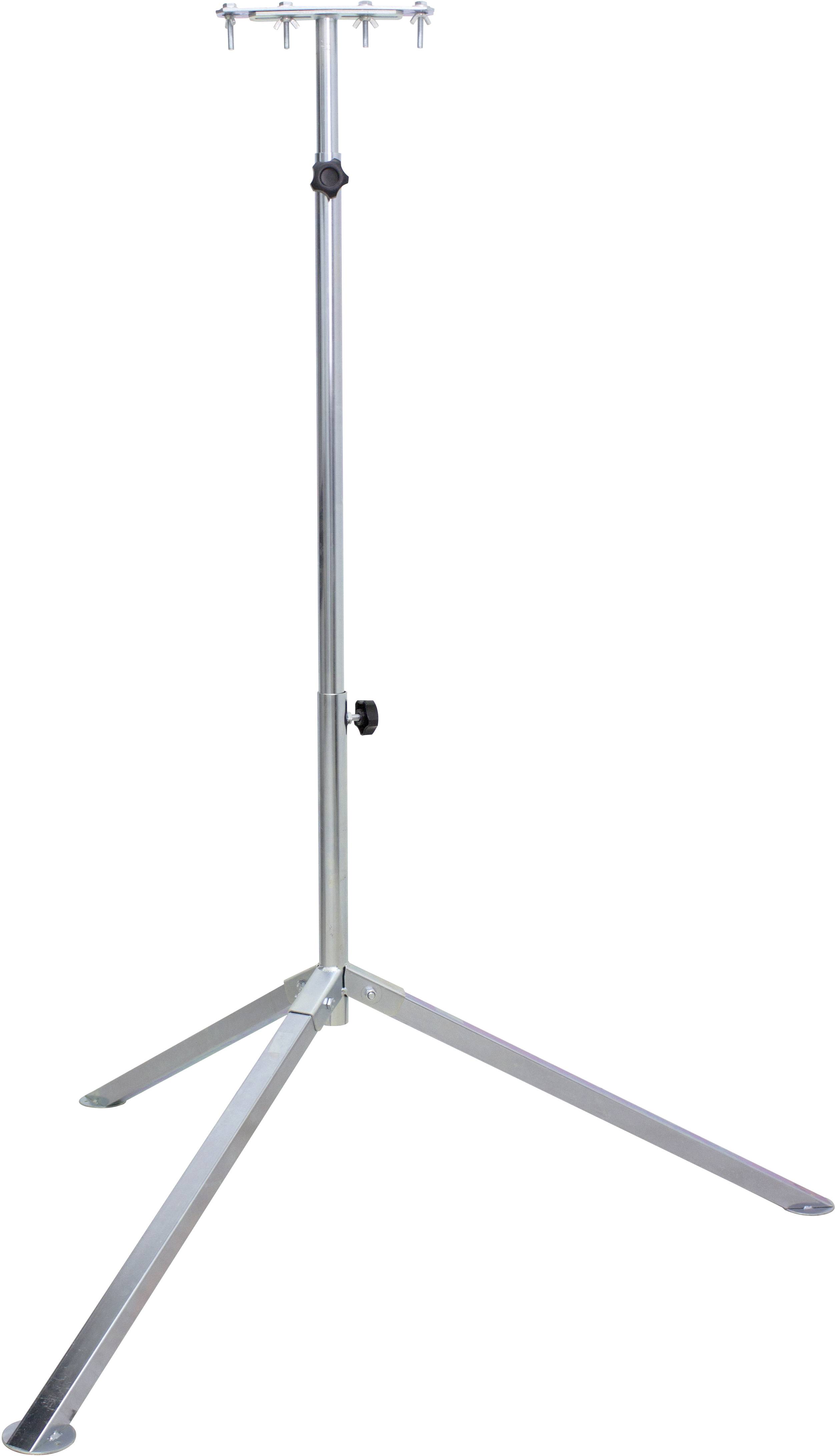 Srebrny, trójnożny statyw metalowy o regulowanej wysokości, zakończony hakiem u góry.