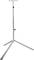 Srebrny, trójnożny statyw metalowy o regulowanej wysokości, zakończony hakiem u góry.