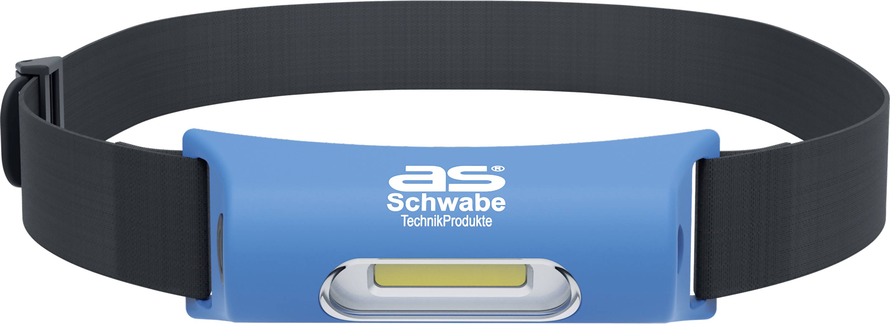 Czołówka z niebieską obudową, czarnym, regulowanym paskiem, reprezentuje produkt techniczny firmy 'as-Schwabe'.