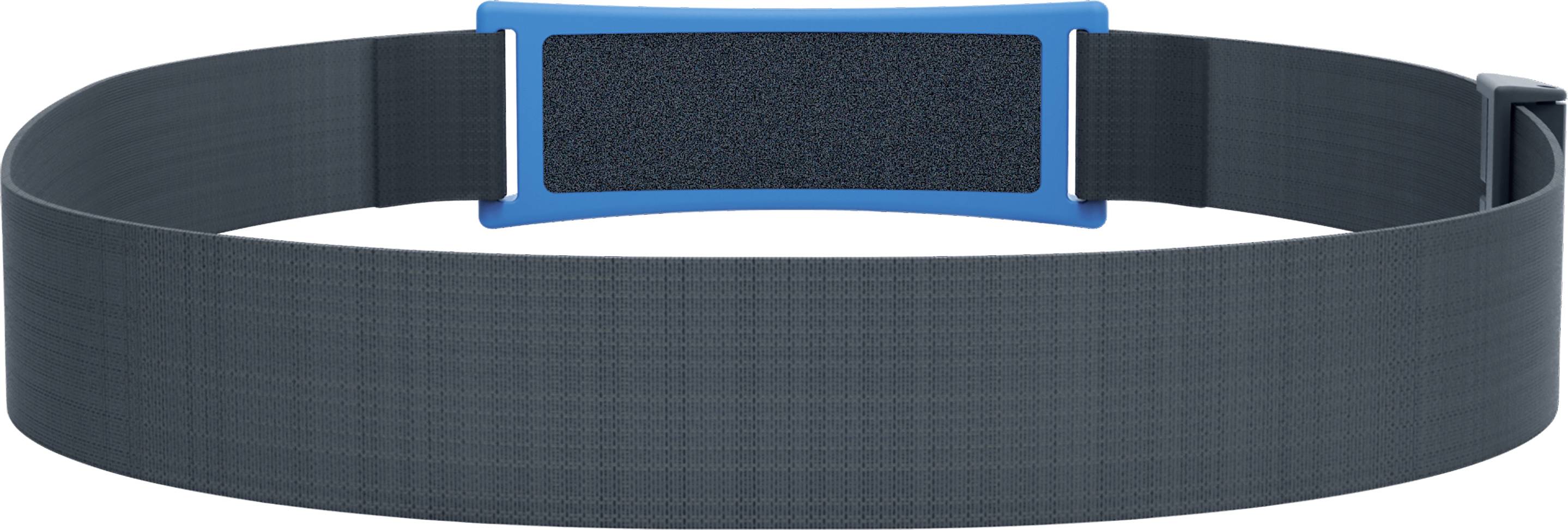 Granatowa opaska na rękę z niebieskim zapięciem, odpowiednia do śledzenia aktywności fitness lub uprawiania sportu.