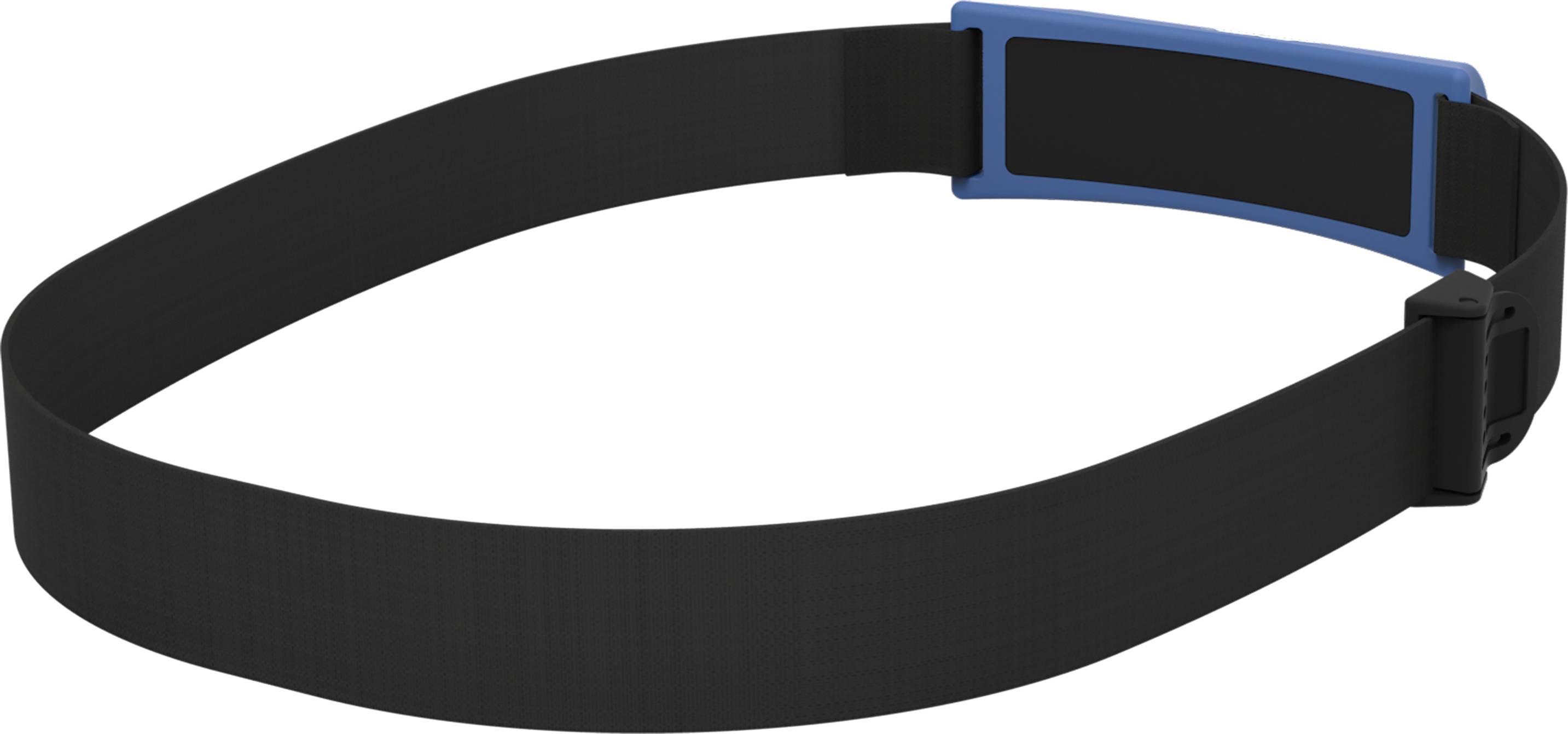 Czarny pas z niebieską klamrą, prawdopodobnie akcesorium sportowe lub element wyposażenia.