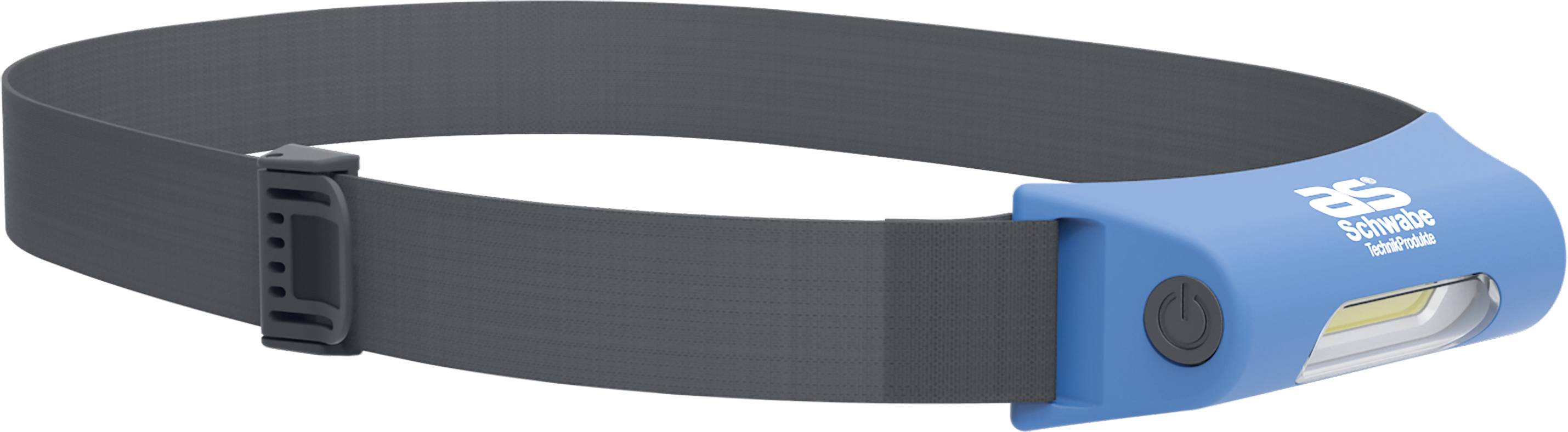 Niebieska czołówka z czarnym paskiem i przyciskiem z boku. Lampa ma prostokątny kształt z logo 'ansmann'.