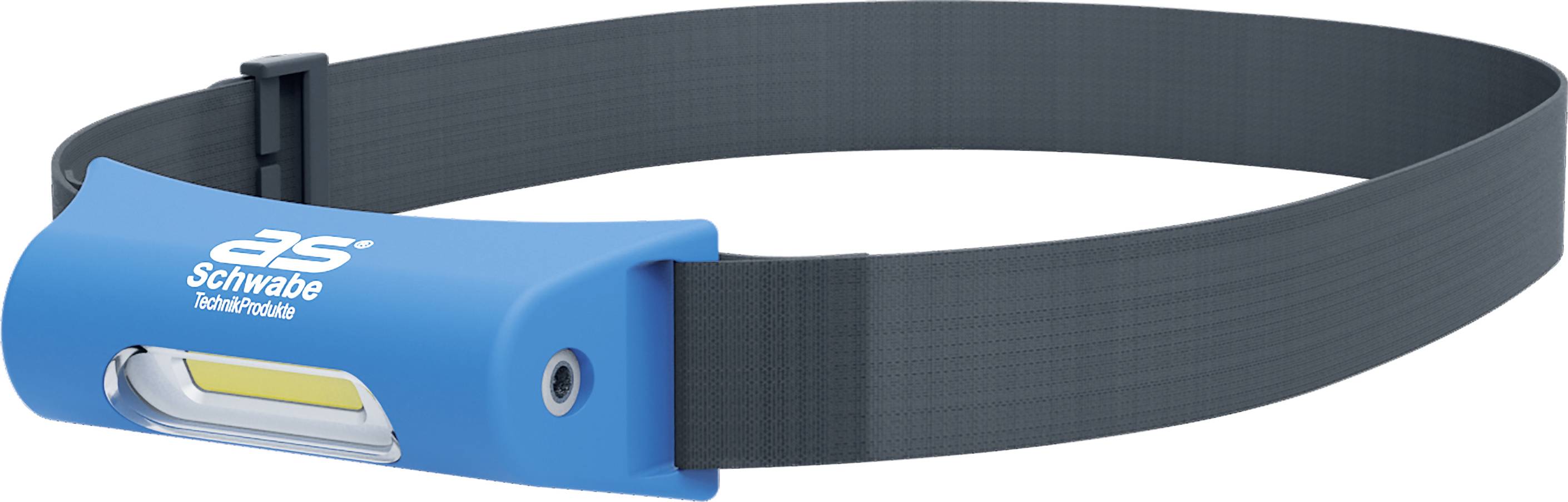 Czołówka z niebieską obudową, elastyczną opaską i paskiem LED, odpowiednia do aktywności na świeżym powietrzu i nocnych zadań.