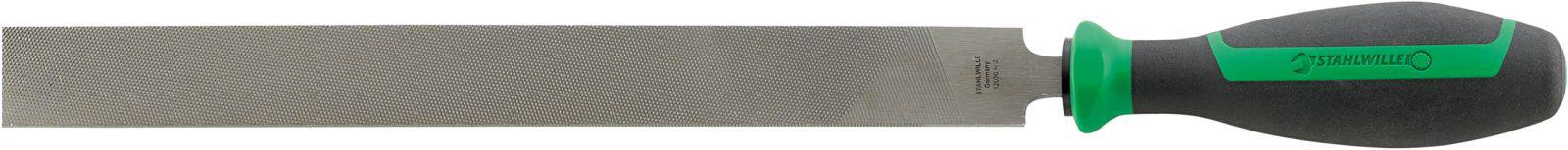 Duża metalowa pilnik z zielono-czarnym uchwytem, odpowiednia do obróbki powierzchni metalowych.