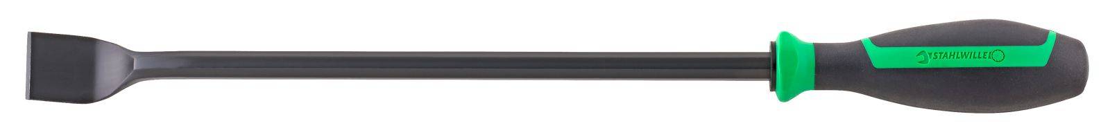 Wkrętak z uchwytem w kolorze zielono-czarnym i płaskim ostrzem.