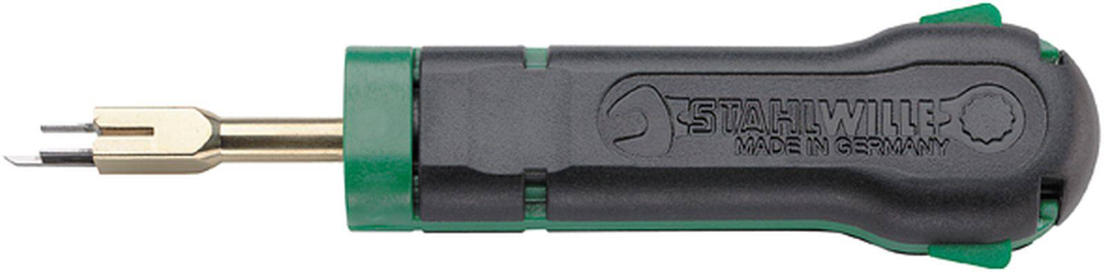 Czarny i zielony długopis z metalowym czubkiem, oznaczony jako 'STAHLWILLE MADE IN GERMANY'. Narzędzie do regulacji lub pomiarów.