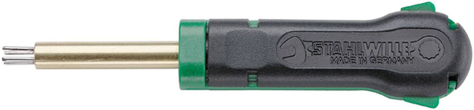 Wkrętak z wysuwanym uchwytem na bity, czarny uchwyt z zielonym detalem, z napisem 'STAHLWILLE Made in Germany'.