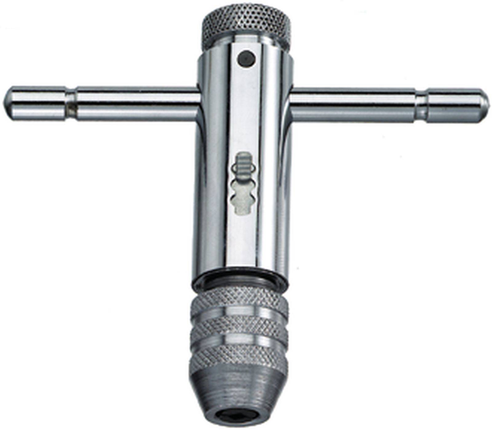 Metalowy klucz do gwintów z uchwytem T i wyżłobkowanym mechanizmem obrotowym, używany do mocowania i odkręcania narzędzi gwintowanych.