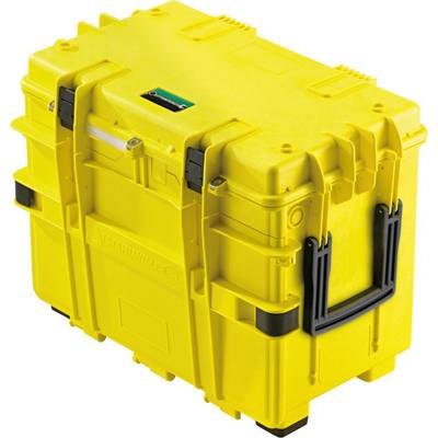 Duży, żółty plastikowy kufer transportowy z czarną rączką i zatrzaskami bocznymi, zapewniający bezpieczne zabezpieczenie delikatnej zawartości.
