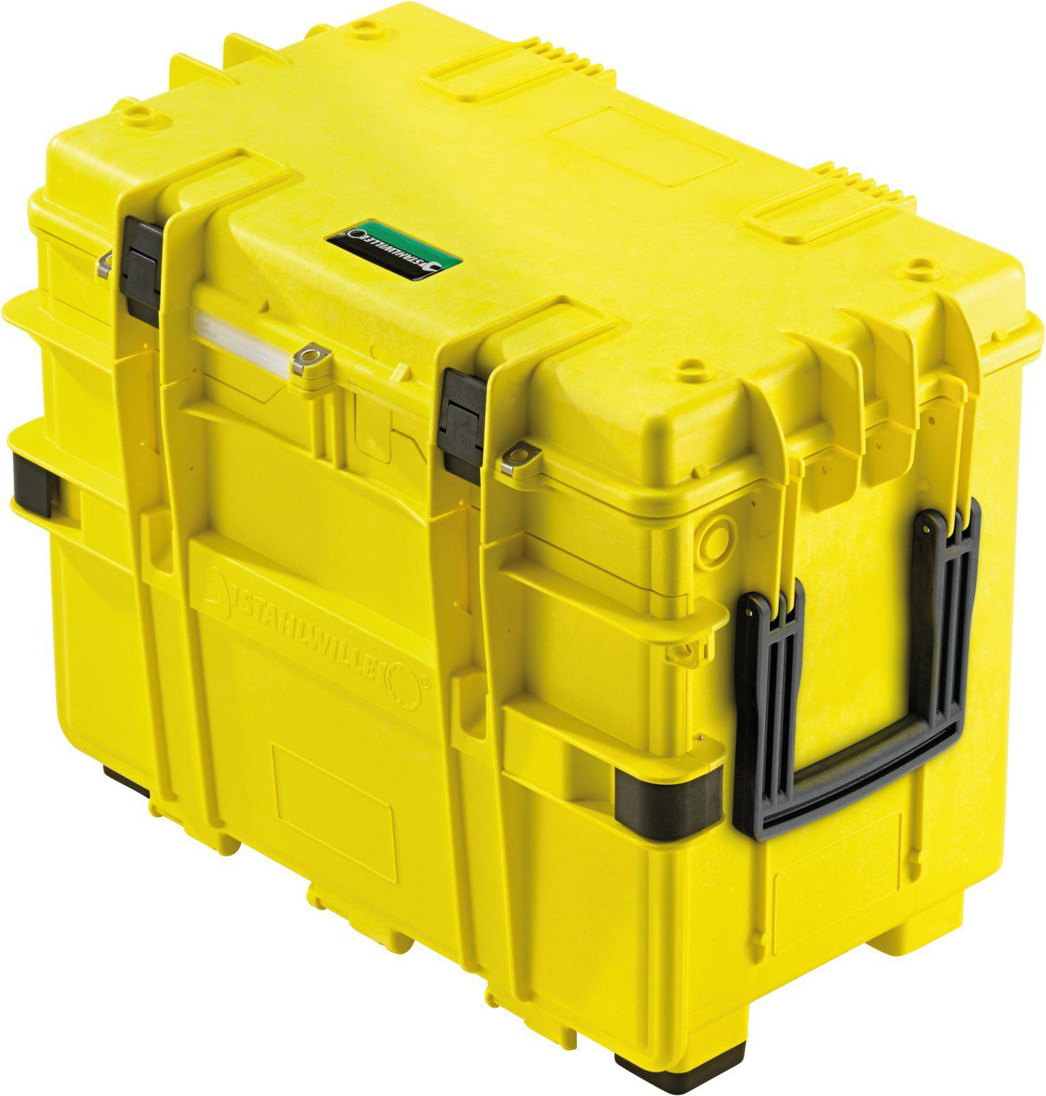 Żółty, wytrzymały kufer z tworzywa sztucznego z solidnymi czarnymi uchwytami i zamkami z możliwością zablokowania, odpowiedni do bezpiecznego transportu.