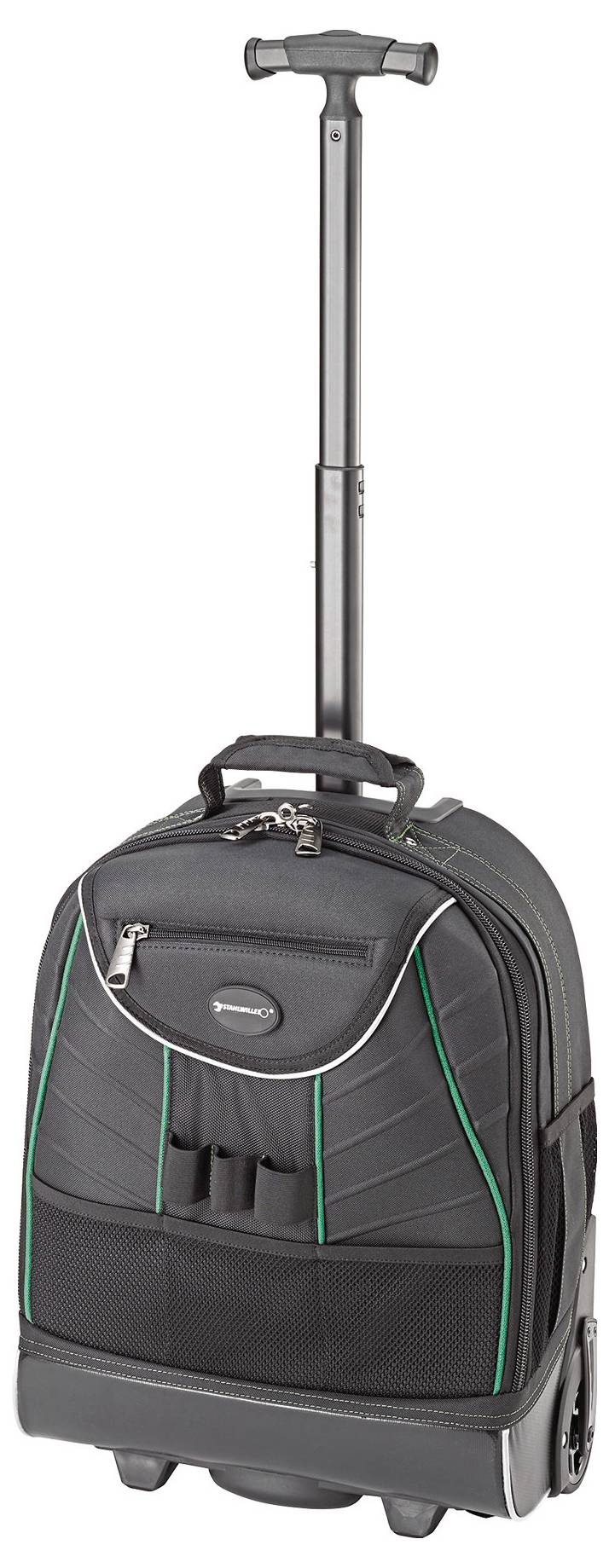 Czarna walizka na kółkach z zieloną paseczką akcentową, wyposażona w teleskopowy uchwyt w kształcie litery T, przednią kieszeń na zamek błyskawiczny i sekcje z siateczki.
