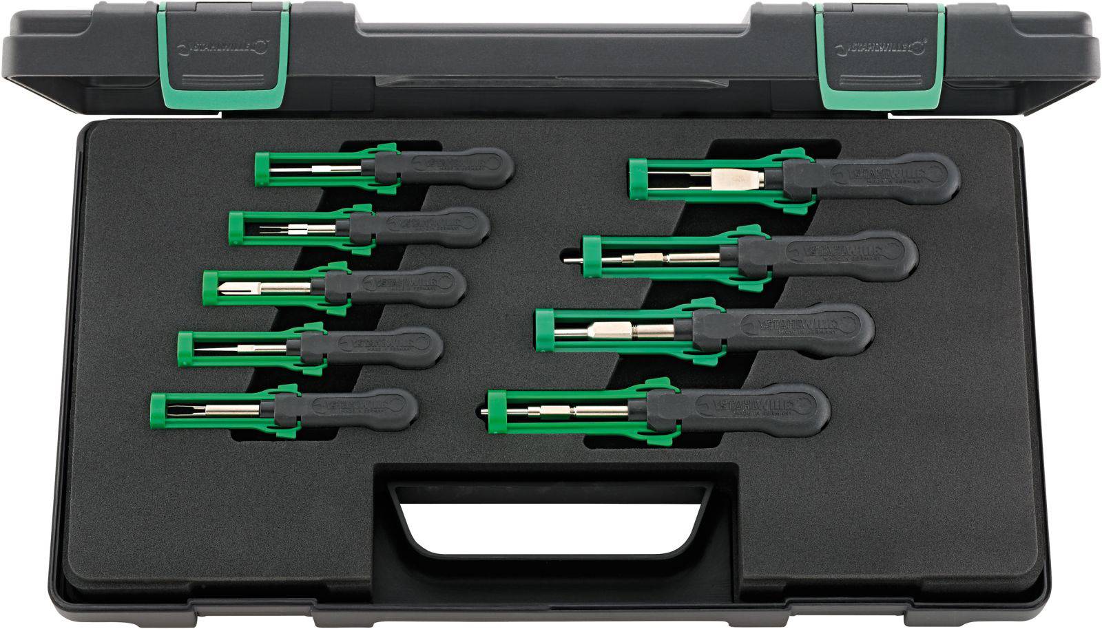 Czarny kufer narzędziowy z otwartą pokrywą, zawierający siedem śrubokrętów w kolorach zielonym i czarnym o różnych końcówkach.