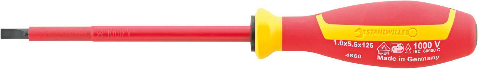 Izolowany wkrętak z czerwoną i żółtą rękojeścią, odpowiedni do prac do 1000 V. Napis wskazuje rozmiar i pochodzenie.
