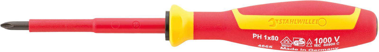 Wkrętak z czerwonym i żółtym uchwytem, izolowany do 1000 V. Czubek końcówki ma kształt krzyżowy.