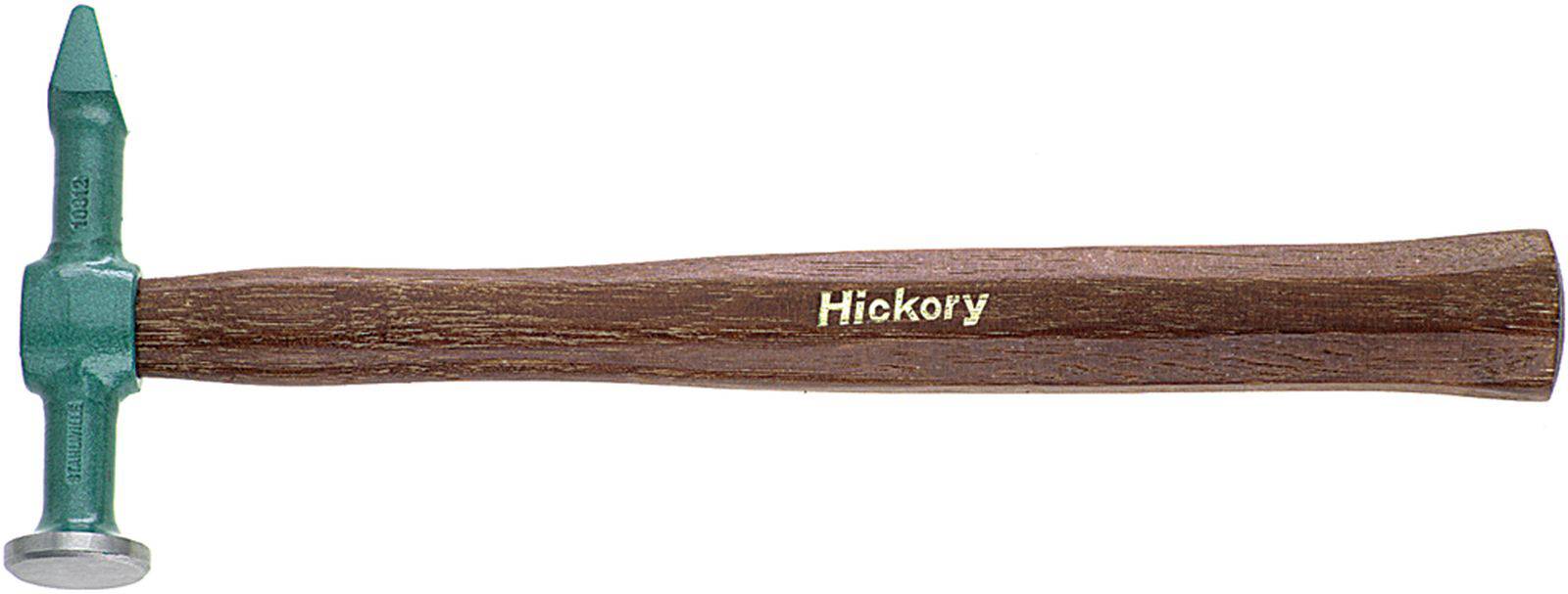 Młotek drewniany z zieloną metalową główką, zamocowany na gładkim drewnianym uchwycie z napisem 'Hickory'.