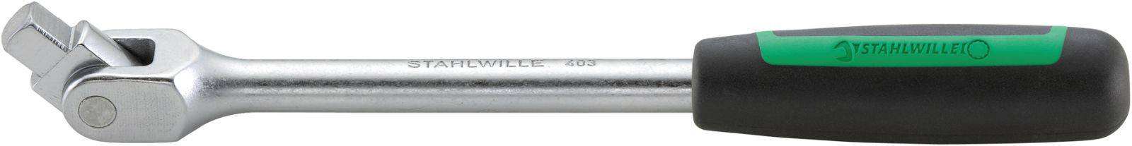 Srebrny stalowy dźwignik z obrotową głowicą i czarnym uchwytem oznaczonym na zielono. Narzędzie służące do zwiększania momentu obrotowego.