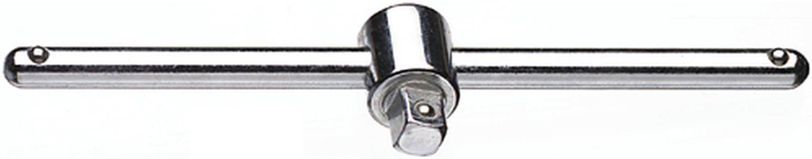Metalowy adapter z grzechotką i uchwytem T, z centralną nasadką klucza usytuowaną poprzecznie do długiego uchwytu.