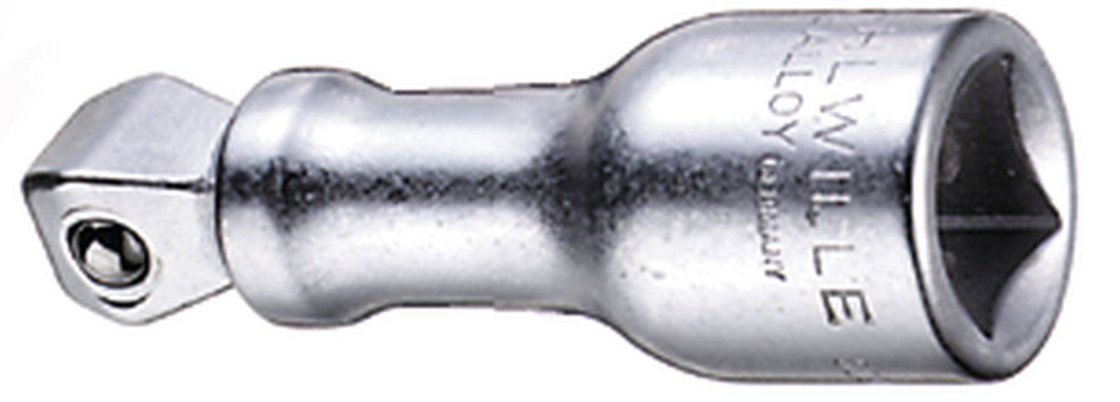 Srebrny adapter do kluczy nasadowych, w kształcie cylindra z kwadratowym złączem.
