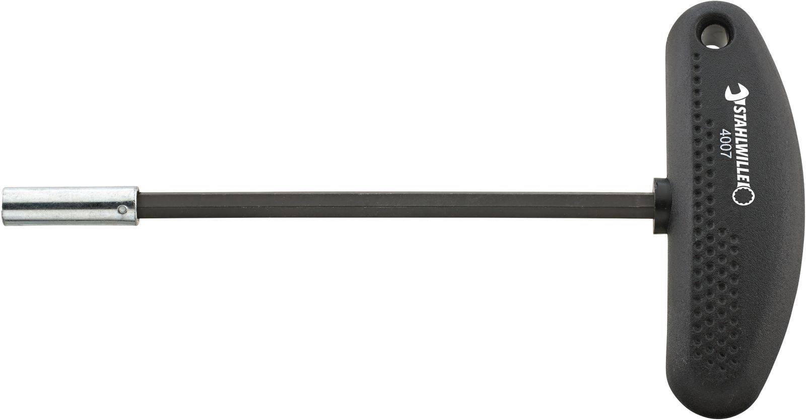 Sześciokątny klucz imbusowy w kształcie litery T z czarnym uchwytem i srebrną końcówką leży na białym tle.