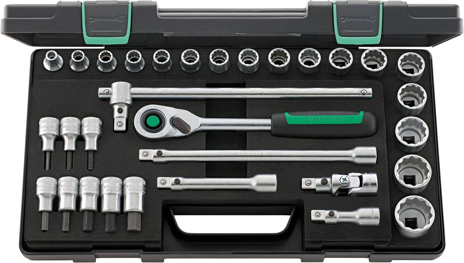 Zestaw kluczy nasadowych w walizce z różnymi nasadkami i kluczem z grzechotką. Idealny do prac mechanicznych.