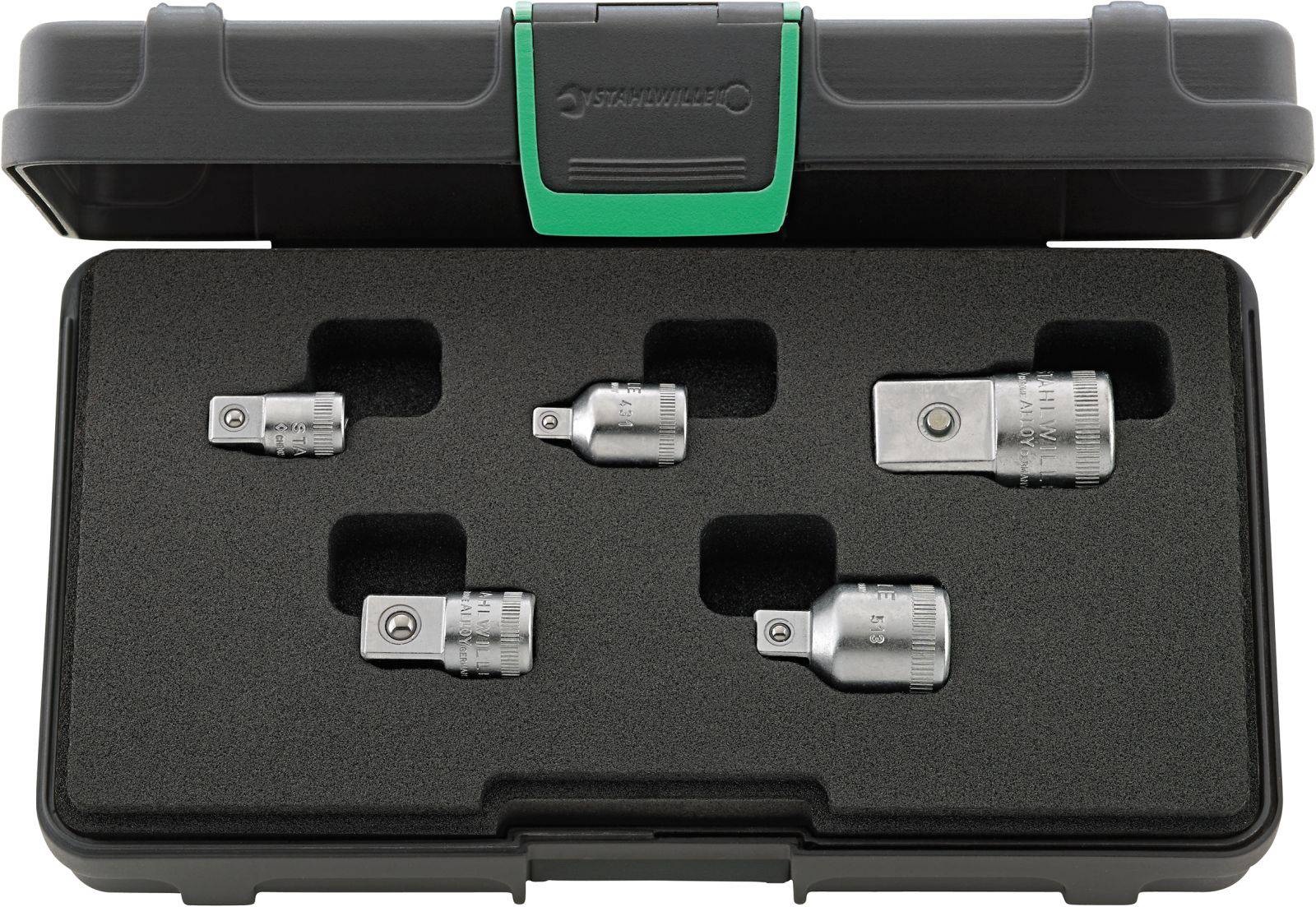 Zestaw pięciu złączek wtykowych w czarnym pudełku z tworzywa sztucznego.