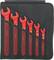 Sześć czerwonych kluczy płaskich w czarnej torbie narzędziowej, ułożonych według rozmiaru od 22 do 10, izolowanych dla bezpieczeństwa elektrycznego.