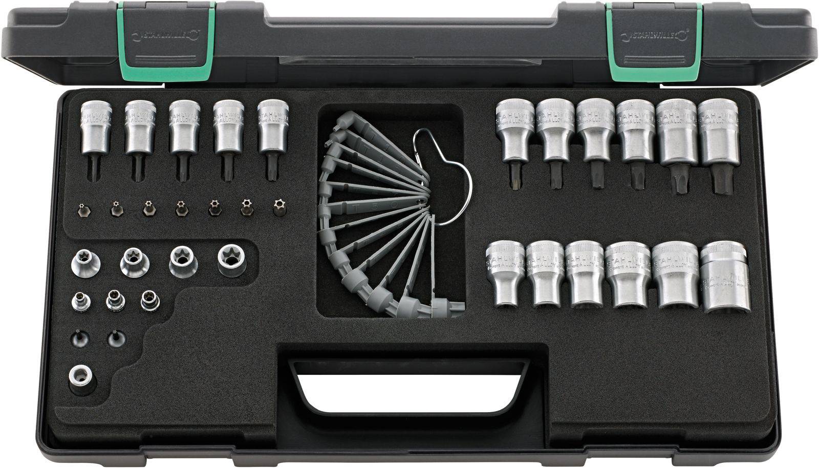 Zestaw narzędzi z kompletami kluczy nasadowych różnych rozmiarów i kształtów, przechowywany w czarnym etui z uchwytem do przenoszenia.
