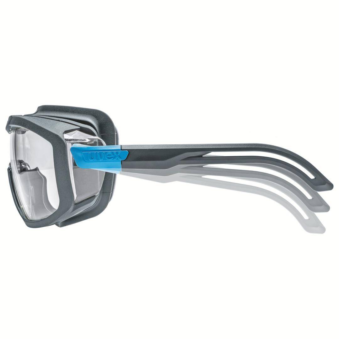 Okulary ochronne z szarą ramką i niebieskim akcentem, prezentujące design z regulowanymi zausznikami zapewniającymi pewne dopasowanie i boczną ochronę.