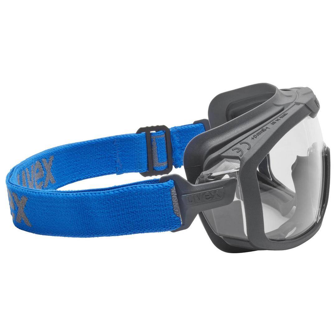 Okulary ochronne z szarą ramką i przezroczystymi soczewkami, przymocowane do niebieskiego paska. Odpowiednie do użytku w środowiskach przemysłowych.