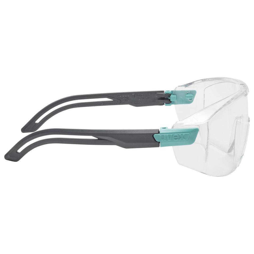 Okulary ochronne z przezroczystymi szkłami i szarymi oprawkami. Okulary mają nowoczesny design i zapewniają ochronę oczu.