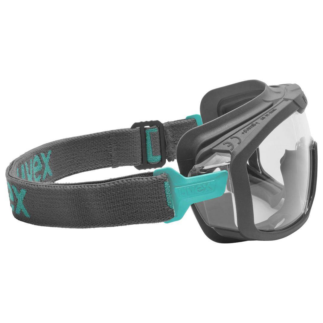 Okulary ochronne z szarą ramką, przezroczystymi soczewkami i regulowaną opaską na głowę, odpowiednie do prac zawodowych i majsterkowania.