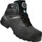 Czarno-niebieskie buty bezpieczeństwa z wytrzymałą podeszwą i zapięciem obrotowym u góry.