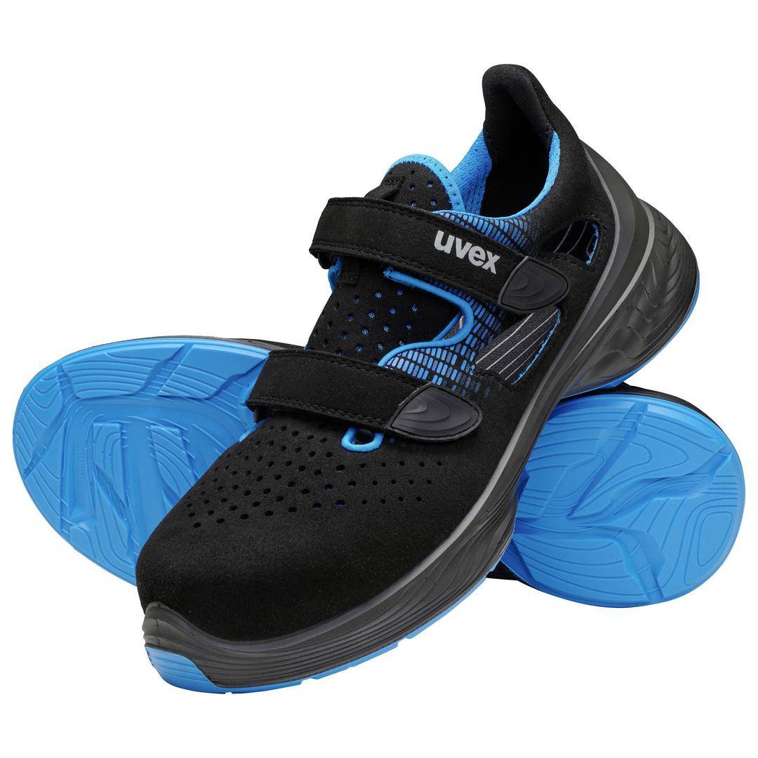 Czarne buty robocze uvex z niebieskimi podeszwami i wyściółką, zaprojektowane z myślą o komforcie i bezpieczeństwie w miejscu pracy.