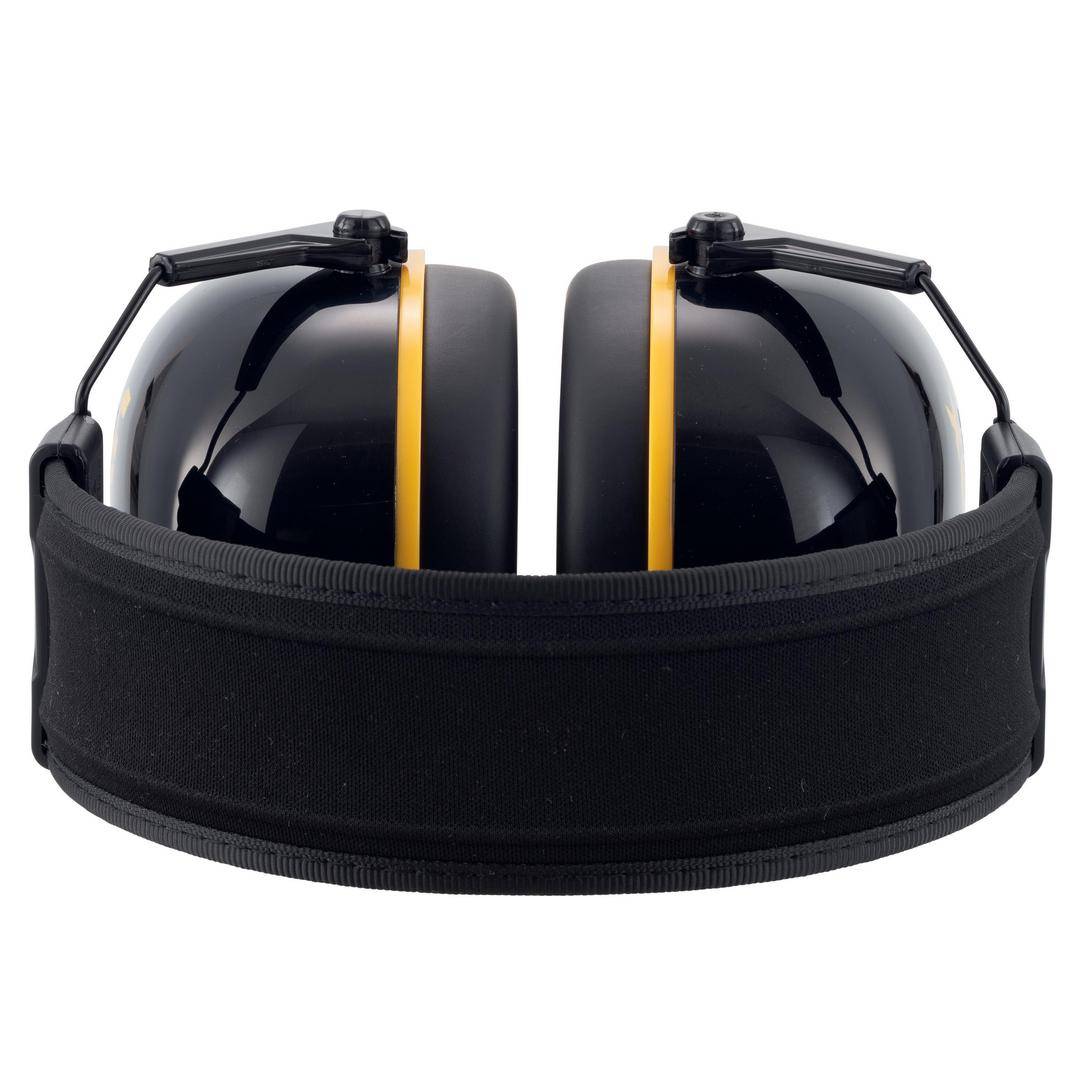 Czarne nauszniki ochronne z żółtym paskiem na muszlach uszu, odpowiednie do środowisk o dużym natężeniu hałasu.