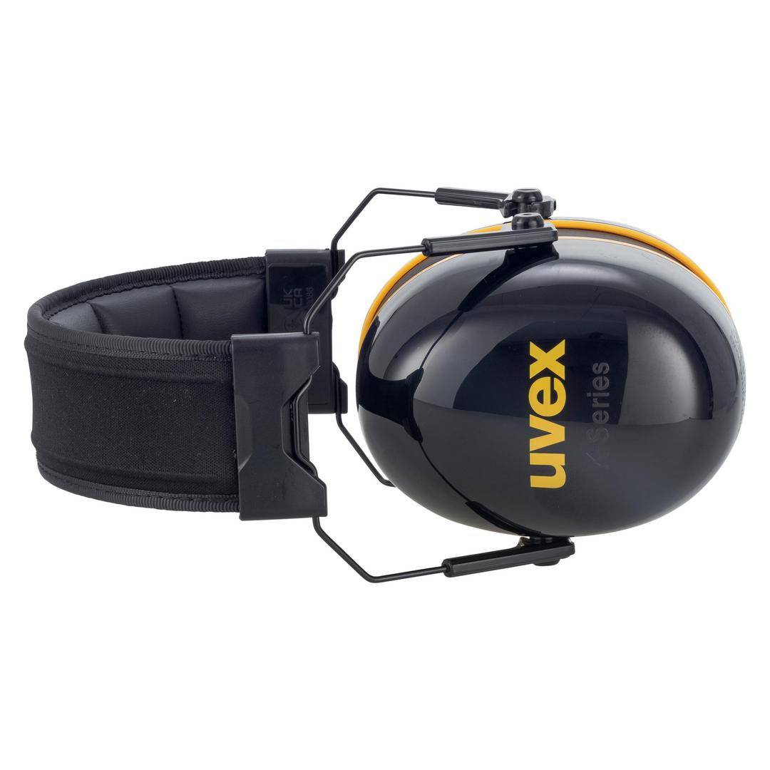 Czarny nausznik z żółtą obwódką, widoczna nazwa marki 'uvex'. Odpowiedni do ochrony słuchu w miejscu pracy.