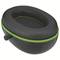 Czarny owalny filtr z zielonym obrzeżem. Ważny element odkurzacza służący do czyszczenia i pochłaniania kurzu.