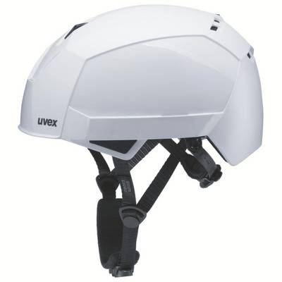 Biały kask ochronny z regulowanym paskiem pod brodą, odpowiedni do aktywności takich jak wspinaczka lub jazda na rowerze.