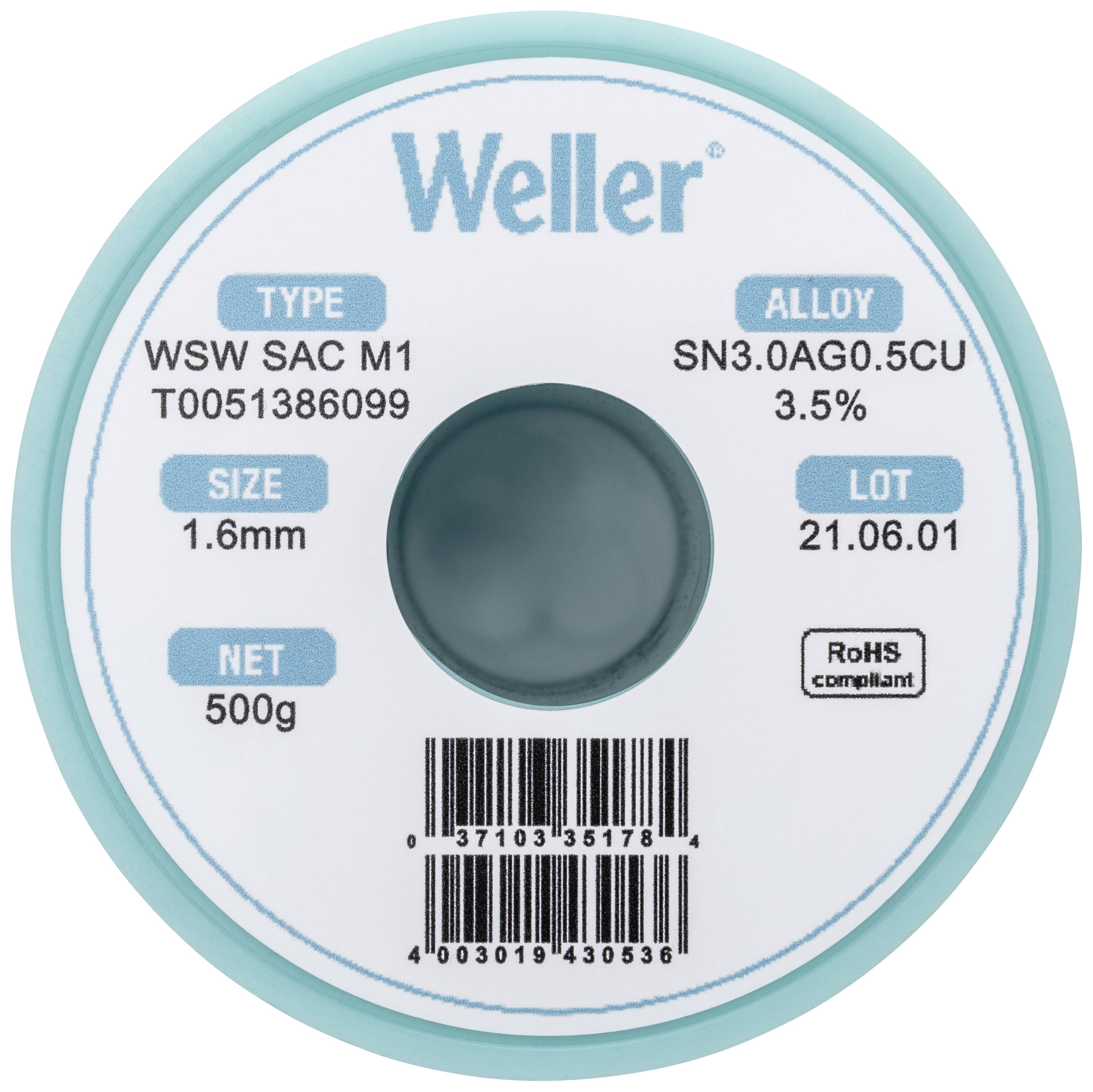 Cyna lutownicza bezołowiowa Weller T0051386099 szpula, bezołowiowa Sn3,0Ag0,5Cu 500 g 1.60 mm