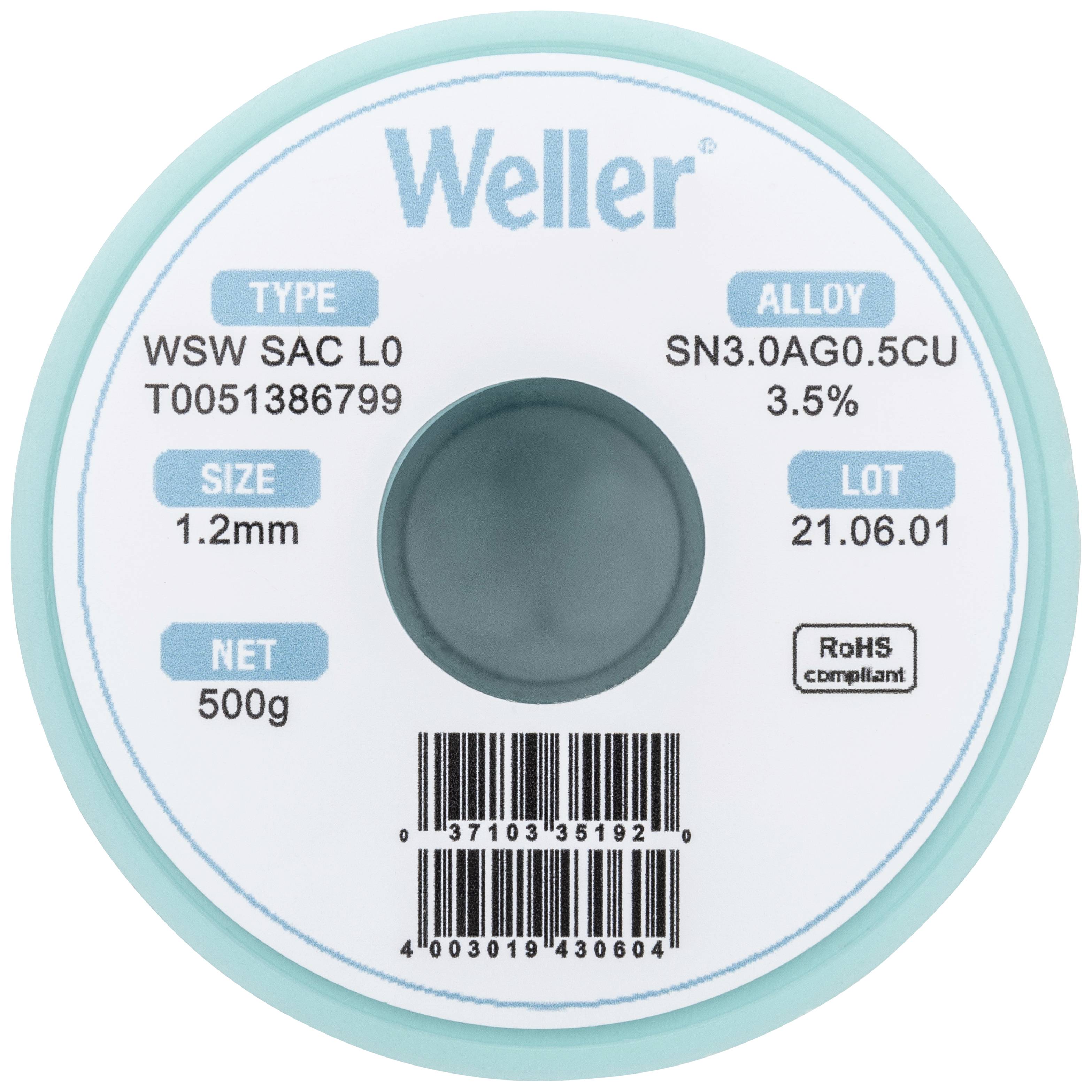 Weller T0051386799 Cyna lutownicza bezołowiowa szpula, bezołowiowa Sn3,0Ag0,5Cu 500 g 1.20 mm