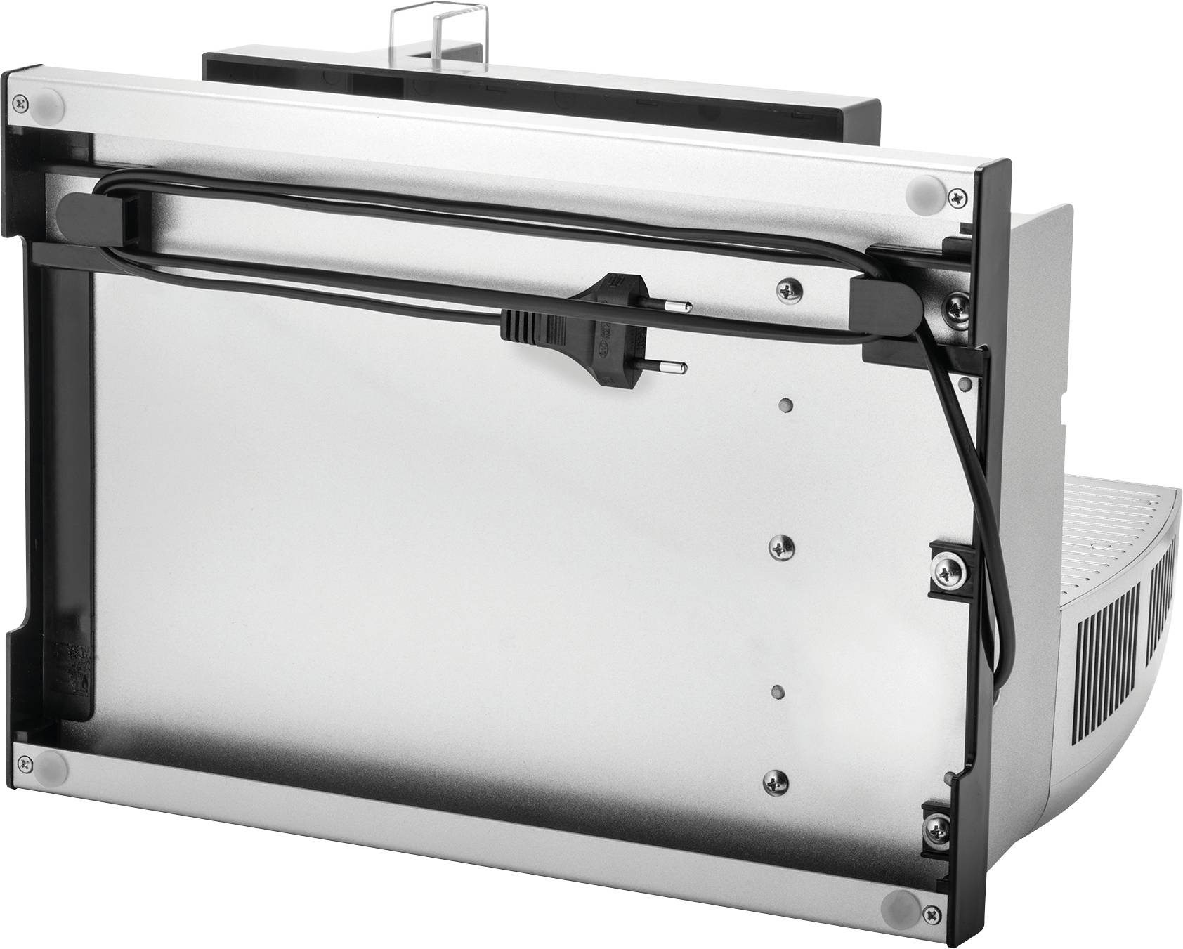 Tylna strona urządzenia elektrycznego z podłączonymi kablami i wtyczką europejską. Urządzenie wydaje się być przystosowane do montażu ściennego.