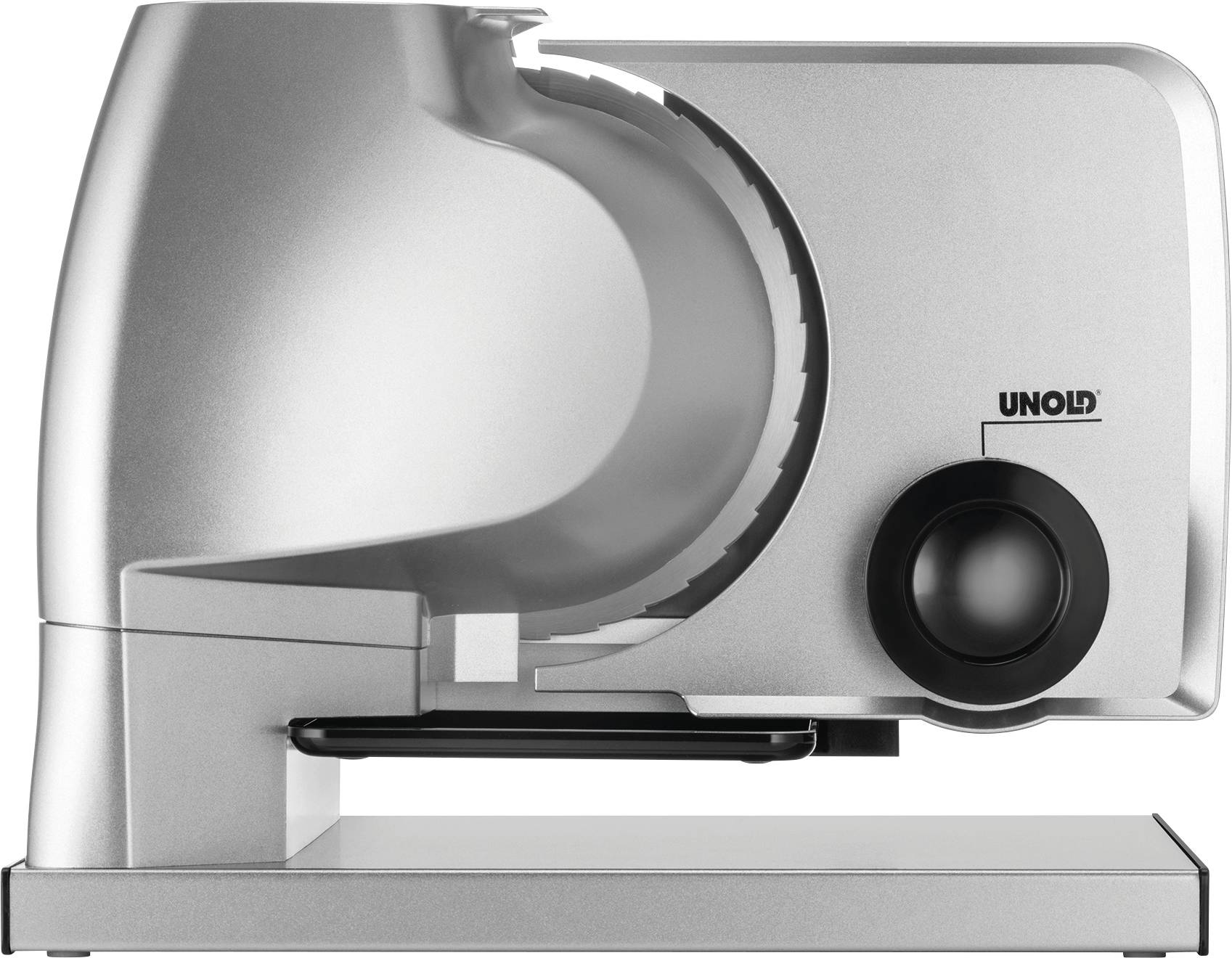 Srebrna elektryczna uniwersalna krajalnica z okrągłym ostrzem. Urządzenie charakteryzuje się solidną budową.