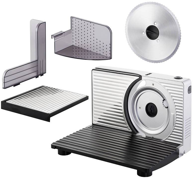 Elektryczny krajacz uniwersalny z częściowo rozłożonymi elementami: ostrze tnące, sanki, pojemnik na resztki i podstawa.