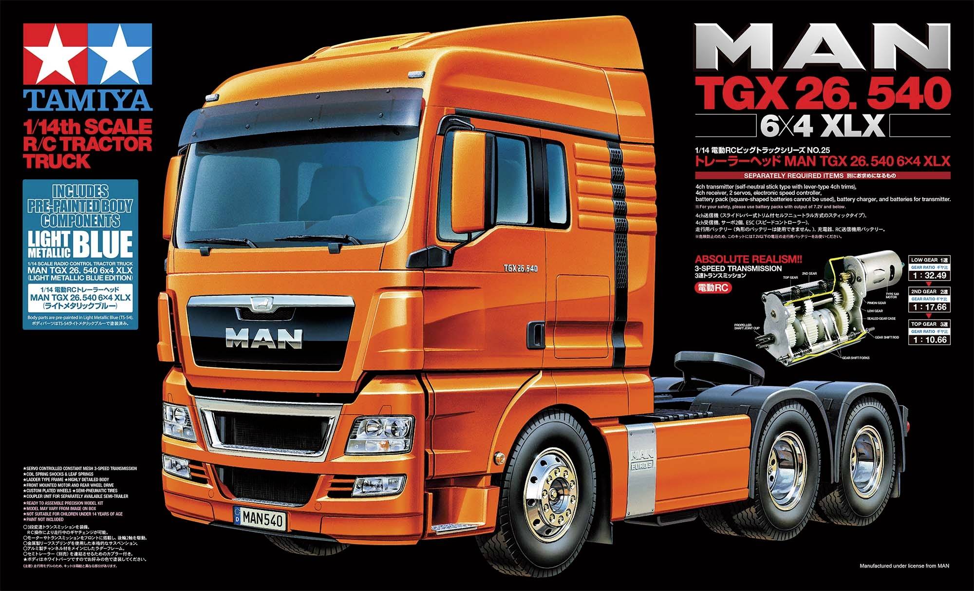 Pomarańczowa modelowa ciężarówka Tamiya w skali 1:14, MAN TGX 26.540 6x4 XLX, z techniczną ilustracją skrzyni biegów.