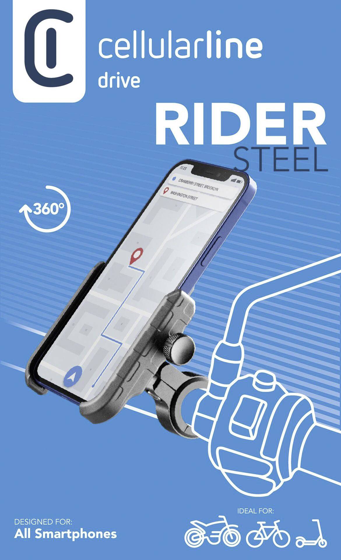 Uchwyt rowerowy do smartfonów firmy 'cellularline drive', obracany o 360 stopni, kompatybilny z wszystkimi smartfonami, wyświetlający nawigację na ekranie.