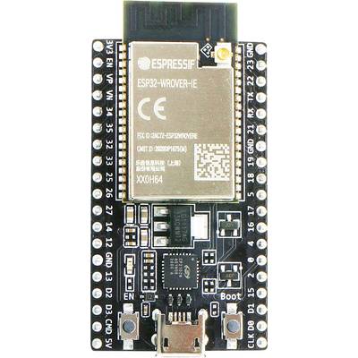 Płytka mikrokontroleera ESP32-WROOM-32 z złączami i oznaczeniami. Główna cecha: bezprzewodowa komunikacja i sterowanie.
