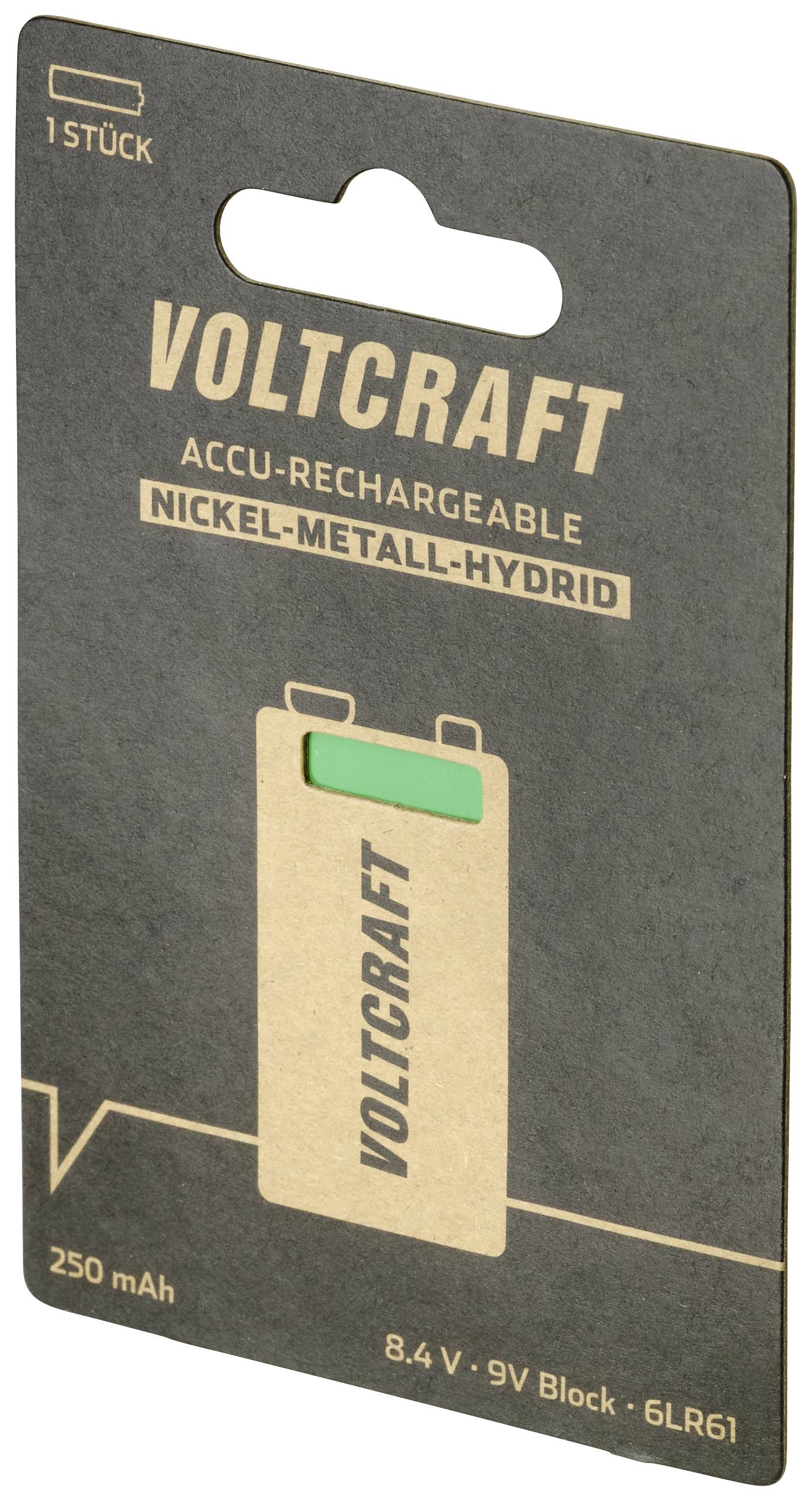 Opakowanie baterii VOLTCRAFT, niklowo-wodorkowa (NiMH), bateria 9V, 250 mAh, 1 sztuka.